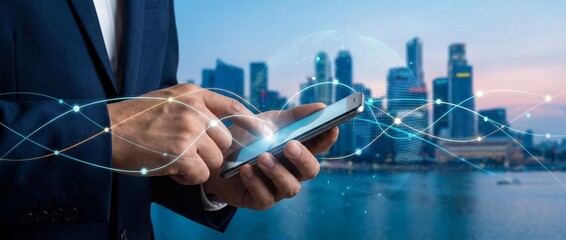 Businessman Using Smartphone with Holographic Global Network Over City Skyline Panaromic View