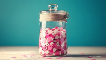 Happy valentine's day candy in a glass jar with pink and white treats