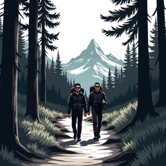 Two Hikers Exploring a Mountain Forest Trail

Adventure Trek Through Pine Forest Toward the Mountains

Backpackers Hiking in Nature Landscape Illustration