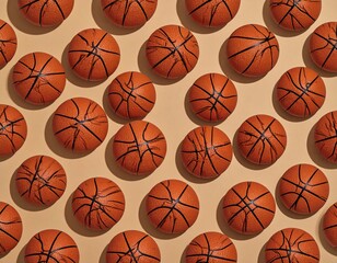 Top-down shot of a grid of basketballs with contrasting lines on beige