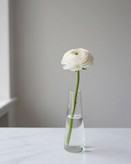 Single White Ranunculus Stem in Modern Glass Vase - Minimalist Contemporary Flower Gift