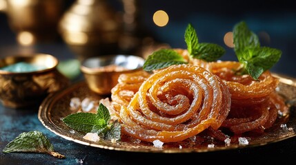 Delicious pastries beautifully displayed with a garnish of fresh mint. They are sitting on a decorative, metallic plate with sugar sprinkled around them, adding to the visual appeal.