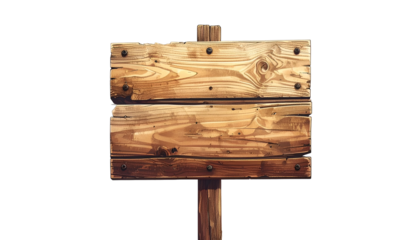 Rustic wooden signpost with three joined planks, visible grain, fixed with metal bolts