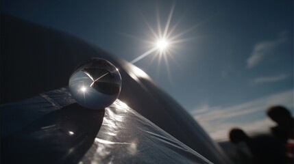 Obraz premium A closeup of the solar telescope lens positioned beneath a balloon reflecting brilliant sunlight as it images the dynamic features of the solar corona from an impressive altitude.