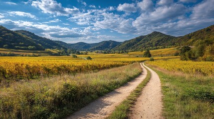 Fototapeta premium A golden vineyard stretches under a blue, cloud-dappled sky. A meandering dirt road beckons towards distant, forested hills. A pastoral, serene vista.