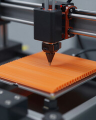 3D Printer Nozzle Creating Orange Plastic Prototype - Additive Manufacturing