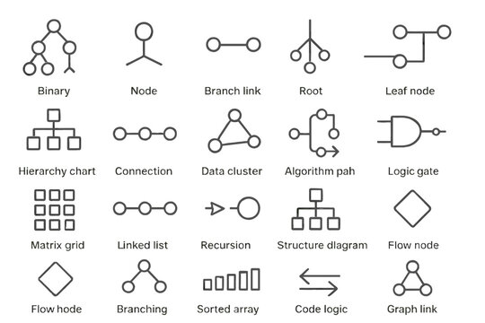 Data Structure Icons. Line style icons of Data Structures: binary tree, node, branch link, root, leaf node, hierarchy chart,