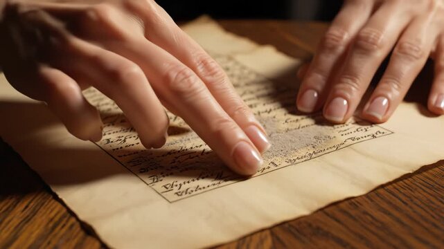 Person dusting old handwritten document