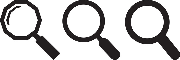 Magnifying Glass Icon Set for Search Engine Optimization, zoom, and Web Discovery Interface. Black Vector Silhouette.