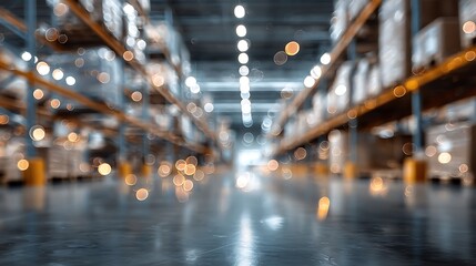Interior warehouse blurred view with shelves stacked high. Bokeh effect adds warmth to the industrial setting