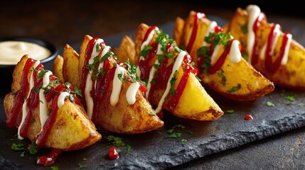 Golden potato wedges plated on dark stone, drizzled with ketchup and creamy white sauce, and topped with fresh parsley. A delicious appetizer ready to be served.