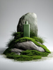minimalist skincare product  of a body oil brown glass bottle, displayed elegantly on a moss-covered