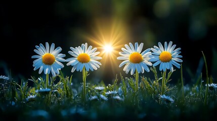 Daisies in morning sun flare.