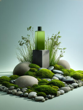 a bottle of shampoo is placed on top, surrounded by moss and rocks. the background 