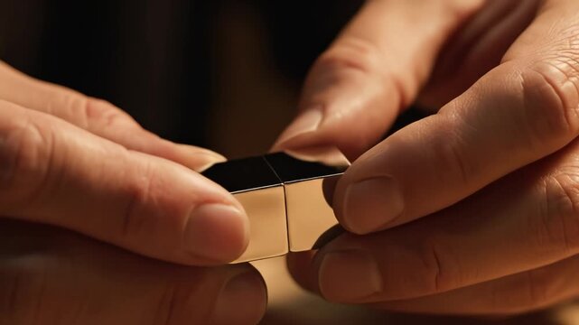 Hands holding small metallic cubes
