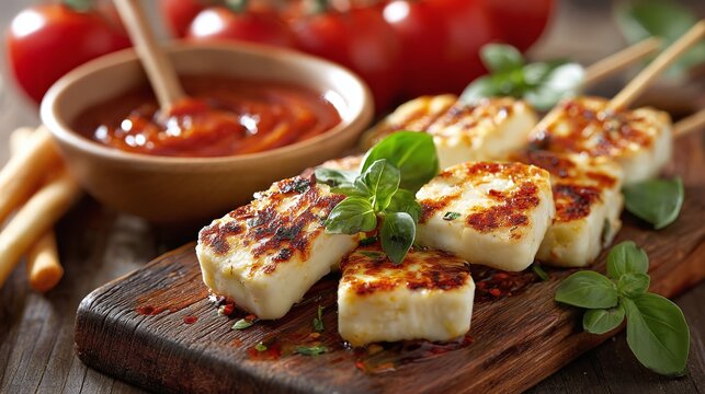 Grilled halloumi cheese skewers with a tangy tomato dipping sauce, basil, and spices served on a rustic wood board. Perfect appetizer! Summer grilling vibes.