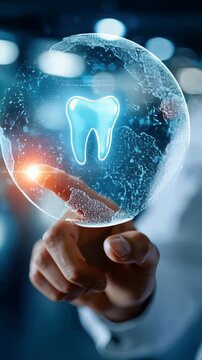 Dentist selecting a glowing digital tooth icon on virtual interface, modern dental technology concept