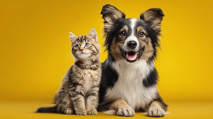 Fototapeta premium A heartwarming portrait captures the unique bond between a tabby cat and a collie dog, set against a vibrant yellow backdrop. Their contrasting personalities shine through.