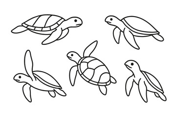 Aquatic Reptile Icons. Line style icons of Aquatic Reptiles: swimming form, streamlined shell, flipper stretch, head tilt, subtle
