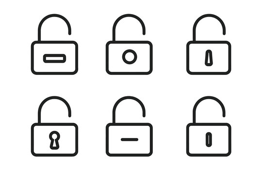 Lock Opening Icons. Line style icons of Lock Openings: slim slot, small aperture, narrow cutout, secure entry shape, tiny lock gap