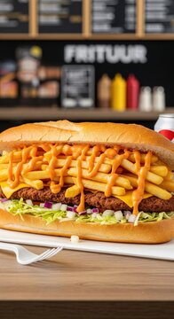 Belgian mitraillette sandwich with fries and meat served on table in frituur snack bar