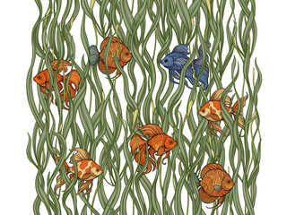 Seamless aquarium pattern with ornamental fish swimming among wavy green seaweed. Vector decorative design for textile and wallpaper, repeating tileable background tropical fish, detailed foliage