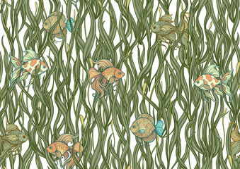 Seamless aquarium pattern with ornamental fish swimming among wavy green seaweed. Vector decorative design for textile and wallpaper, repeating tileable background tropical fish, detailed foliage