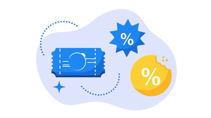 Illustration of ticket and percentage symbols on abstract background