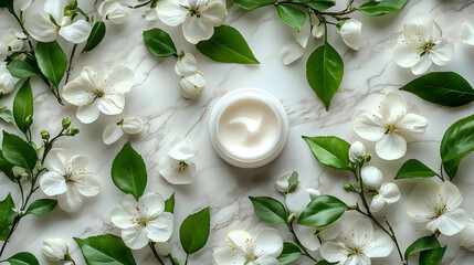 White flowers on bright table with hand and face cream,Cream and White Flowers in Jar on Light Background, Top View