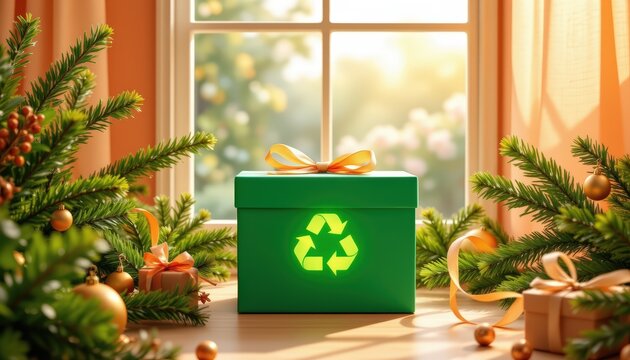 Sustainable Holiday Gift Giving: Eco-Friendly Packaging with Recycling Symbol and Natural Decoration for a Green Christmas
