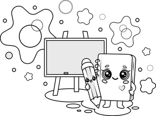 Cute kawaii stationery characters black and white coloring page