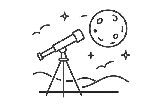 Moonrise Telescope Icons. Line style icons of Moonrise Scope Scene: slim telescope, moon disc, tiny star, angled tripod, sky