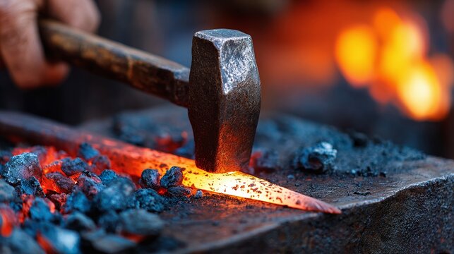 A blacksmith shapes a heated metal piece with a hammer, sparks fly as the metal glows against the dark of the forge. The heat radiates.