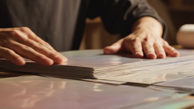 Hands sorting through a stack of papers