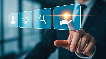 A businessman interacting with a digital interface for modern technology