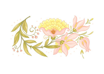 Fantasy flowers in retro, vintage, jacobean embroidery style. Clip art, set of elements for design Vector illustration.