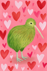 Сute New Zealand kiwi bird against pink background with hearts. Valentine's day greeting card design. 