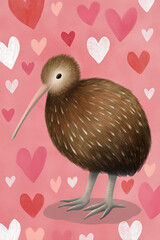 Сute brown New Zealand kiwi bird against pink background with hearts. Valentine's day greeting card design. 