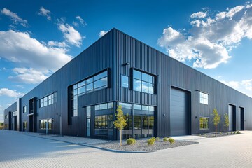 Modern warehouse architecture under a clear blue sky.