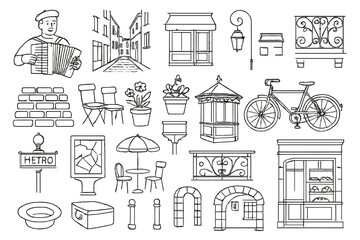 Fototapeta premium Paris Street Icons. Line style icons of Accordion Street Paris: accordion performer, narrow Paris street, café storefront, street