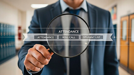 A man in a suit holding a magnifying glass for attendance and student tracking