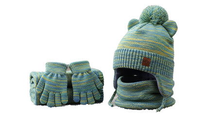 Knitted Hat and Gloves Set for Cold Weather, Studio Shoot, Home Environment, Close-Up View