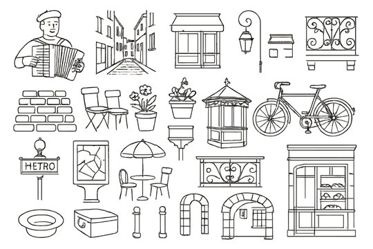Paris Street Icons. Line style icons of Accordion Street Paris: accordion performer, narrow Paris street, caf&eacute; storefront, street