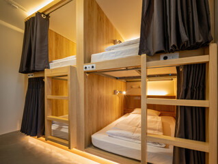 Modern capsule-style dorm with two rows of cozy wooden sleeping pods, each with a ladder, reading light, and curtain for privacy—minimalist, neat, and perfect for budget travelers or hostels.