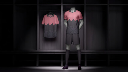 A lone soccer player stands in a dimly lit locker room with uniform on display