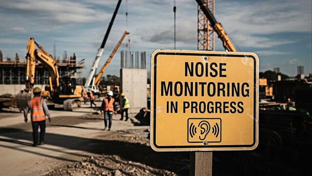 A construction site with a noise monitoring sign in progress