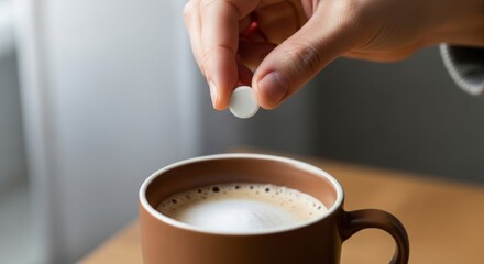 Hand dropping white tablet into coffee mug