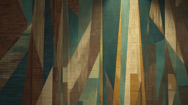 mural with sharp geometric edges in muted teal, cream, and mustard tones on a dark brown brick wall. The style is professional and sophisticated with subtle natural lighting. The left third 