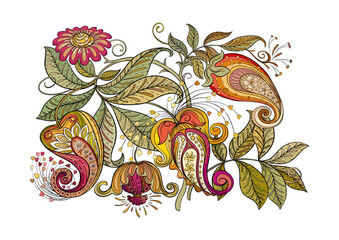 Fantasy flowers in retro, vintage, jacobean embroidery style. Clip art, set of elements for design Vector illustration.
