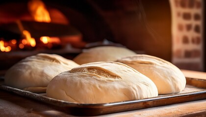 homemade artisan bread dough proofing on a baking tray ready for a rustic wood fired oven